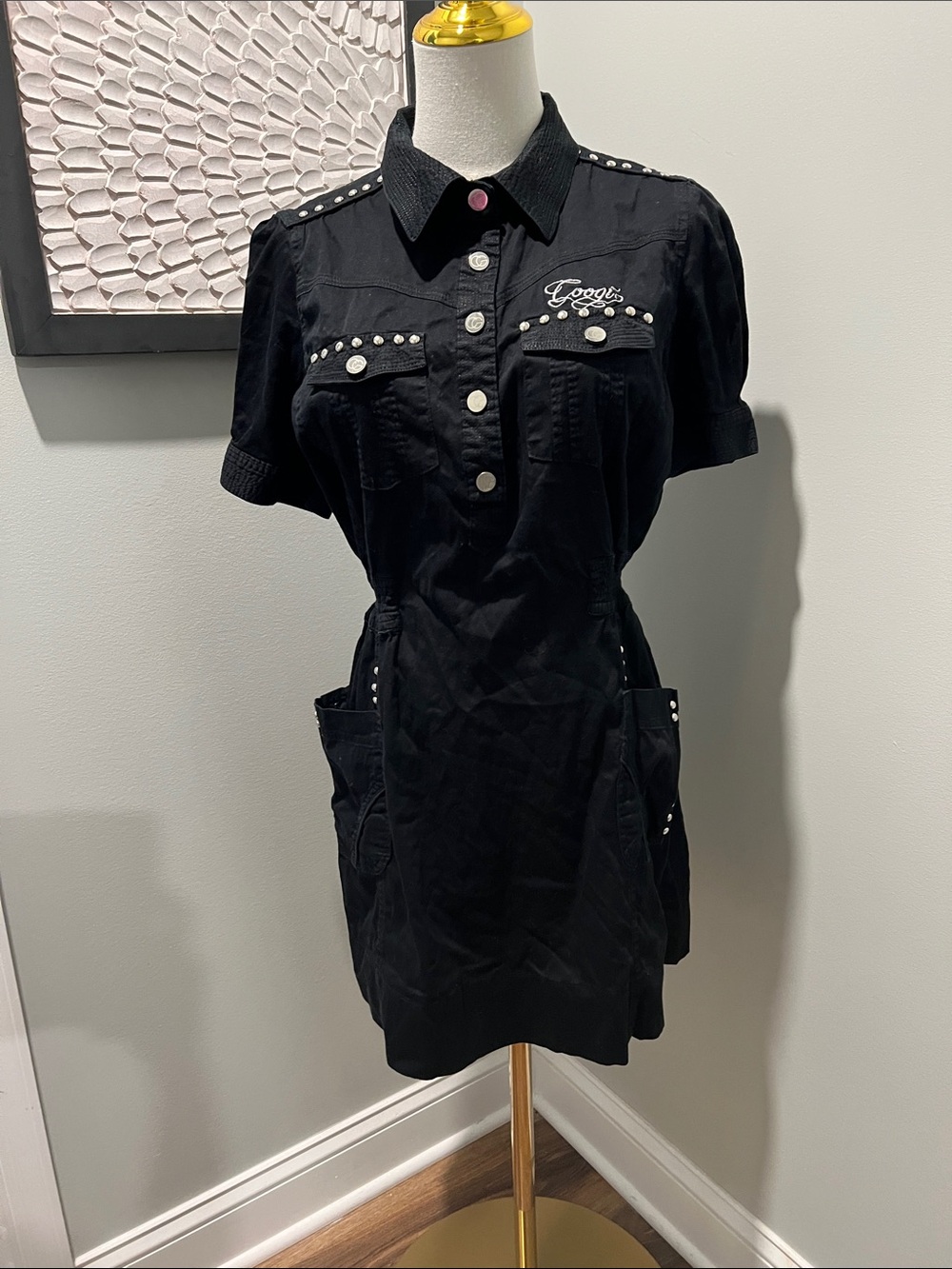 COOGI Black Stud-Trim Short Sleeve Shirt Dress